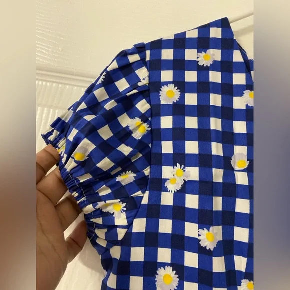 T34a- COLLECTIF LONDON Blue-White GINGHAM Plaid DAISIES Midi DEMIRA Sheath Dress - Picture 2 of 10